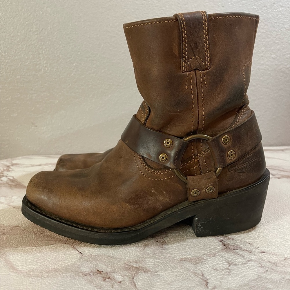 Harley Davidson Womens Motorcycle Brown Leather Harness Zip Up Boots Size 7.5.